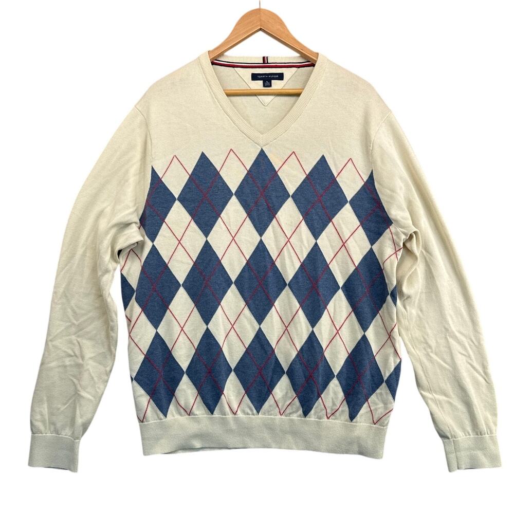 Tommy Hilfiger Cotton Cream Blue Red Argyle V-neck Sweater Men XL